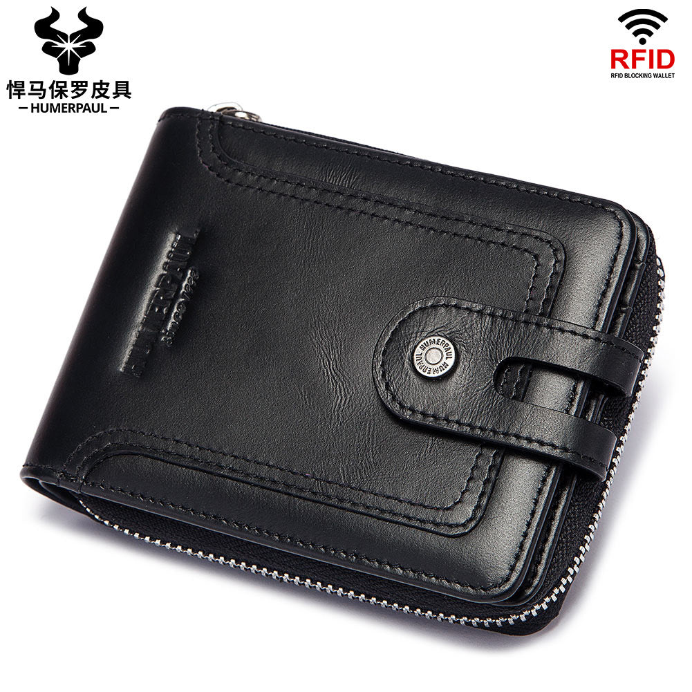 RFID anti-theft brush men's leather wallet top layer cowhide short coin purse zipper European and American retro leather goods men's bag