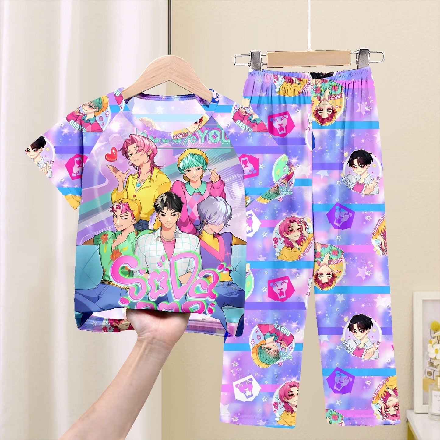 Foreign trade children's pajamas, spring and summer short-sleeved trousers, cartoon Sharjah men's group K-POP girl group middle and adult children's loungewear
