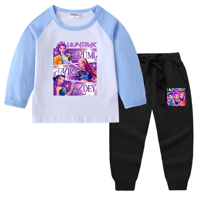 Kpop Witch Hunt Group Korean version raglan spring and autumn girls' T-shirt crew neck cartoon long-sleeved top base shirt set
