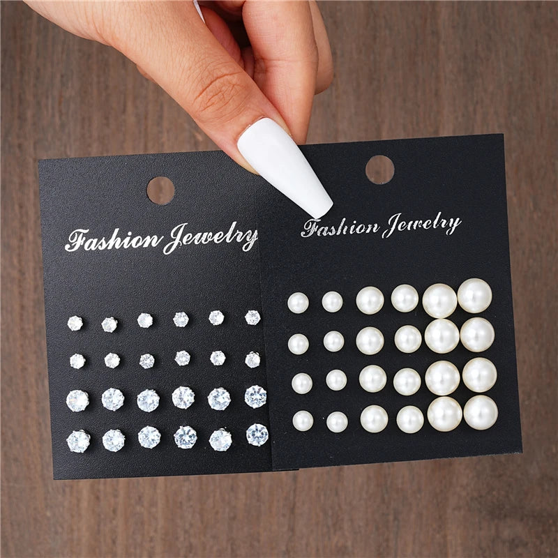 24 Pairs Set Mix Crystal Imitation pearl Earrings For Women Simple Round Crystal Earring Set  Daily Wear Gift Fashion Jewelry