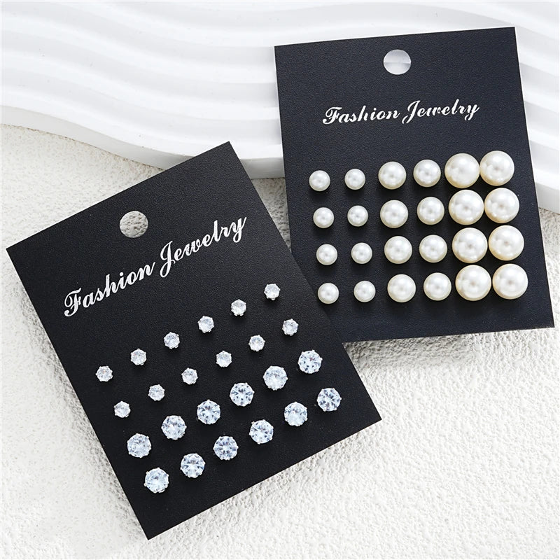 24 Pairs Set Mix Crystal Imitation pearl Earrings For Women Simple Round Crystal Earring Set  Daily Wear Gift Fashion Jewelry