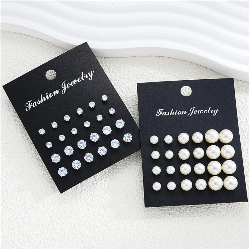 24 Pairs Set Mix Crystal Imitation pearl Earrings For Women Simple Round Crystal Earring Set  Daily Wear Gift Fashion Jewelry
