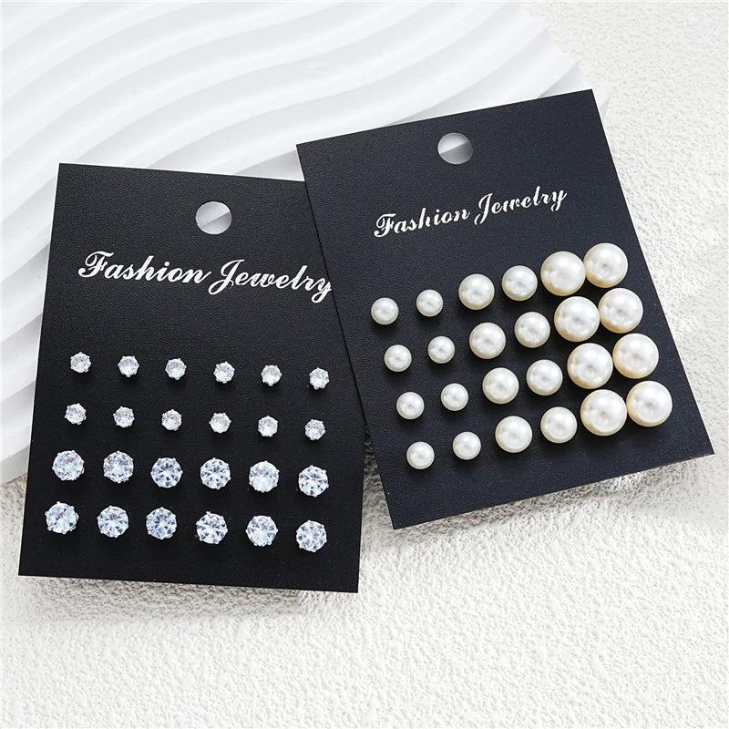 24 Pairs Set Mix Crystal Imitation pearl Earrings For Women Simple Round Crystal Earring Set  Daily Wear Gift Fashion Jewelry