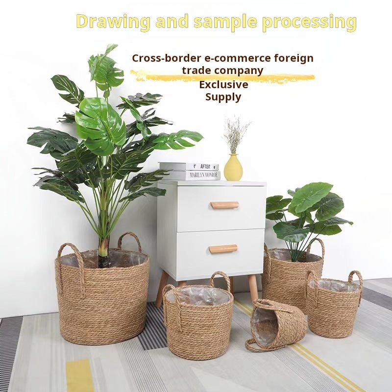 Nordic rattan straw flower pot simple woven flower basket green plant decoration large pot set living room balcony floor flower vase
