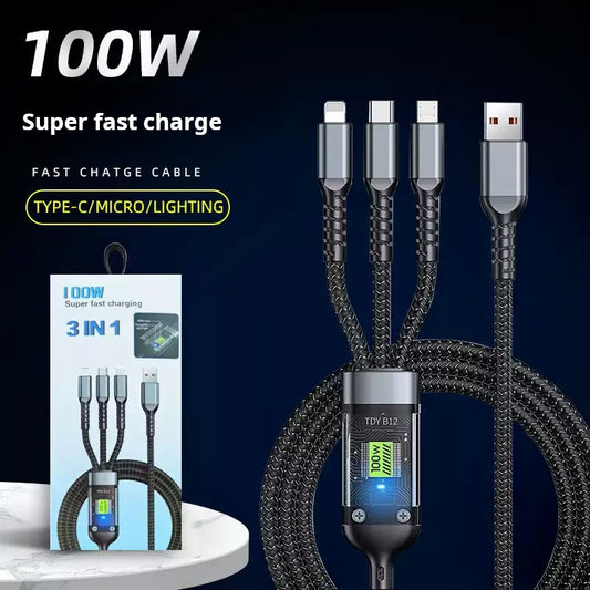 100w 3-in-1 fast charging data cable, mobile phone charging cable, suitable for Apple, Huawei, 1-in-3 braided fast charging cable